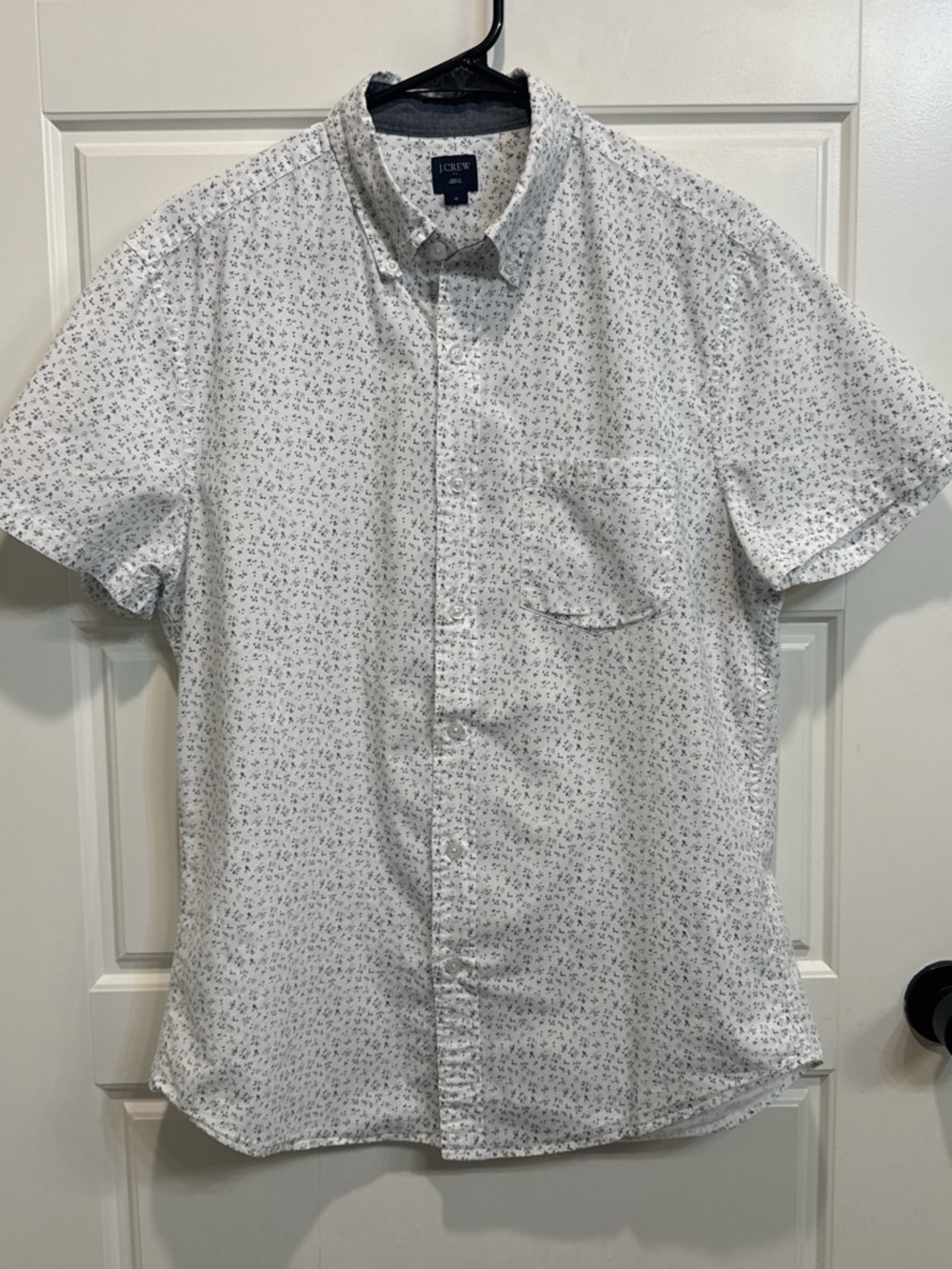 J. Crew White Short-Sleeve Button-Down Shirt with Tiny Navy Floral Print